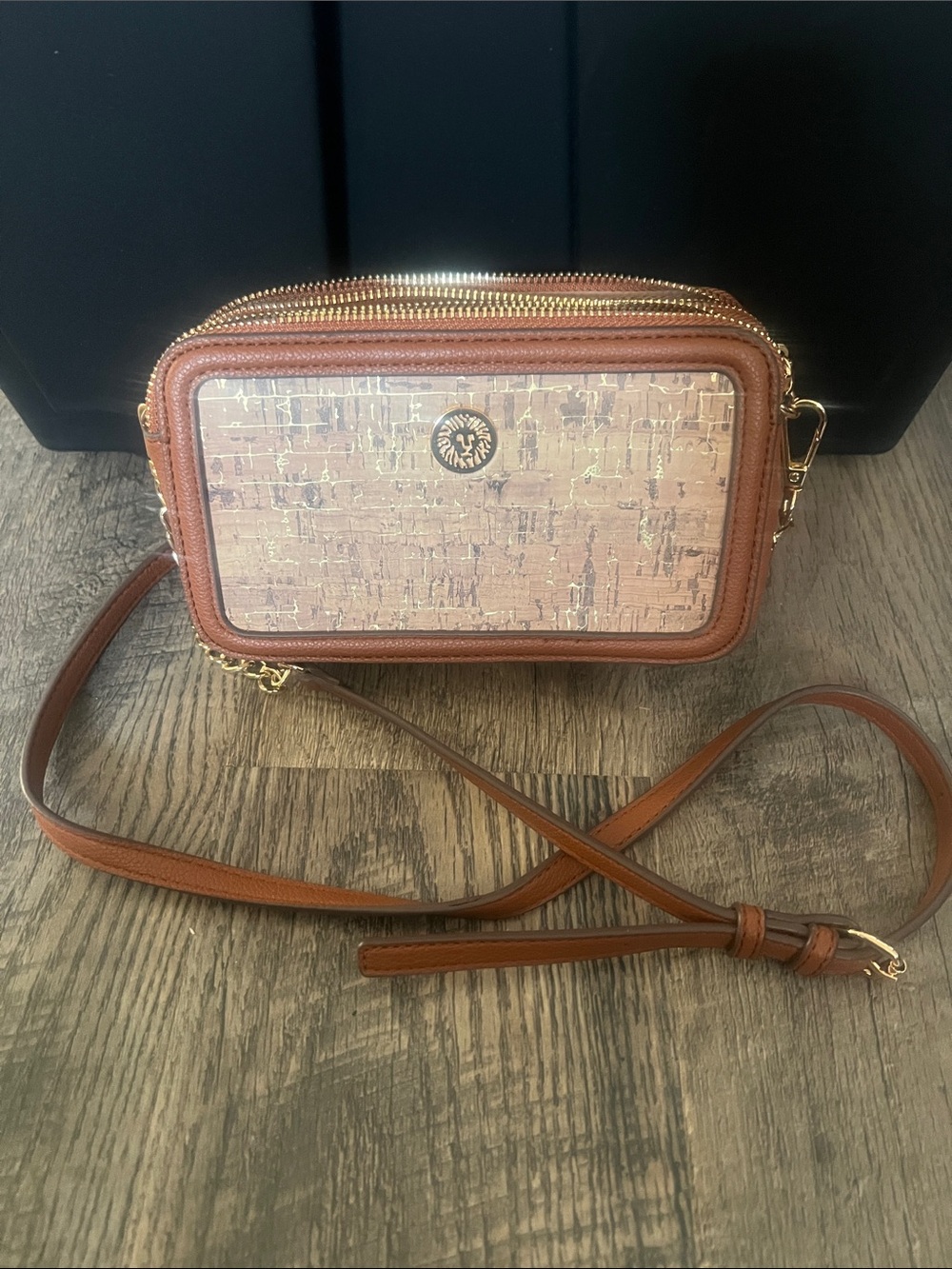 Anne Klein Tan Brown Crossbody Camera Bag with Cork-Style Panel